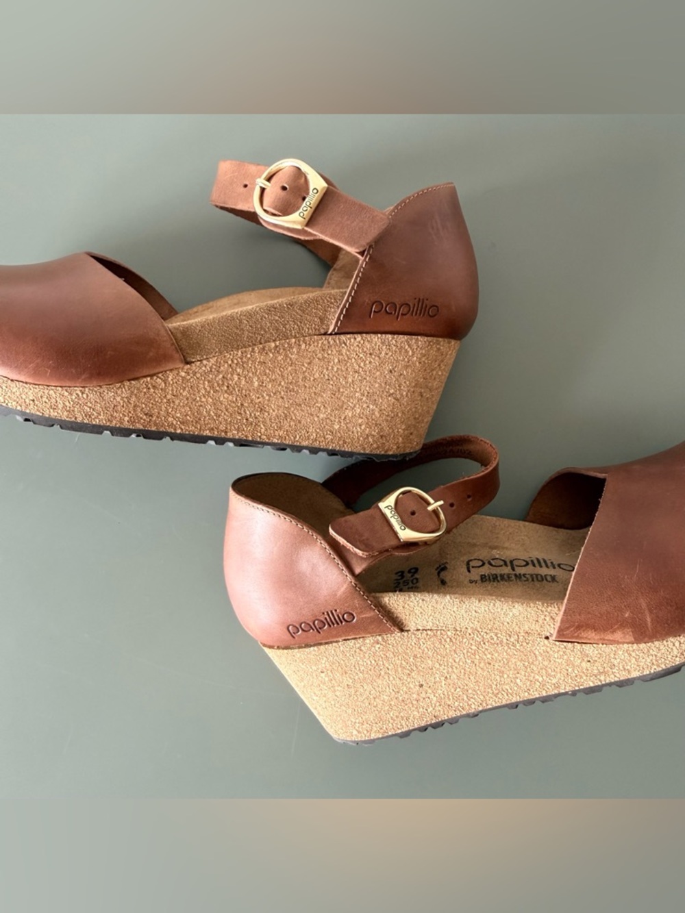 Papillio by Birkenstock Mary  cognac Leather Wedge clog sandal size 39 - Picture 7 of 11